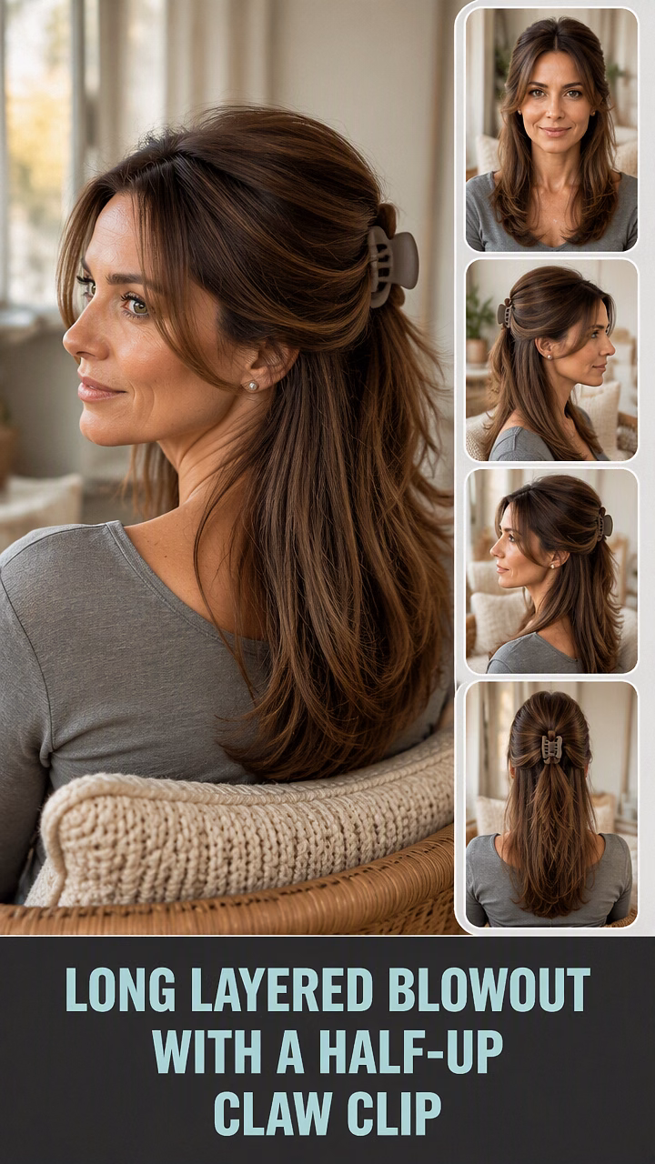 Long Layered Blowout With A Half-Up Claw Clip