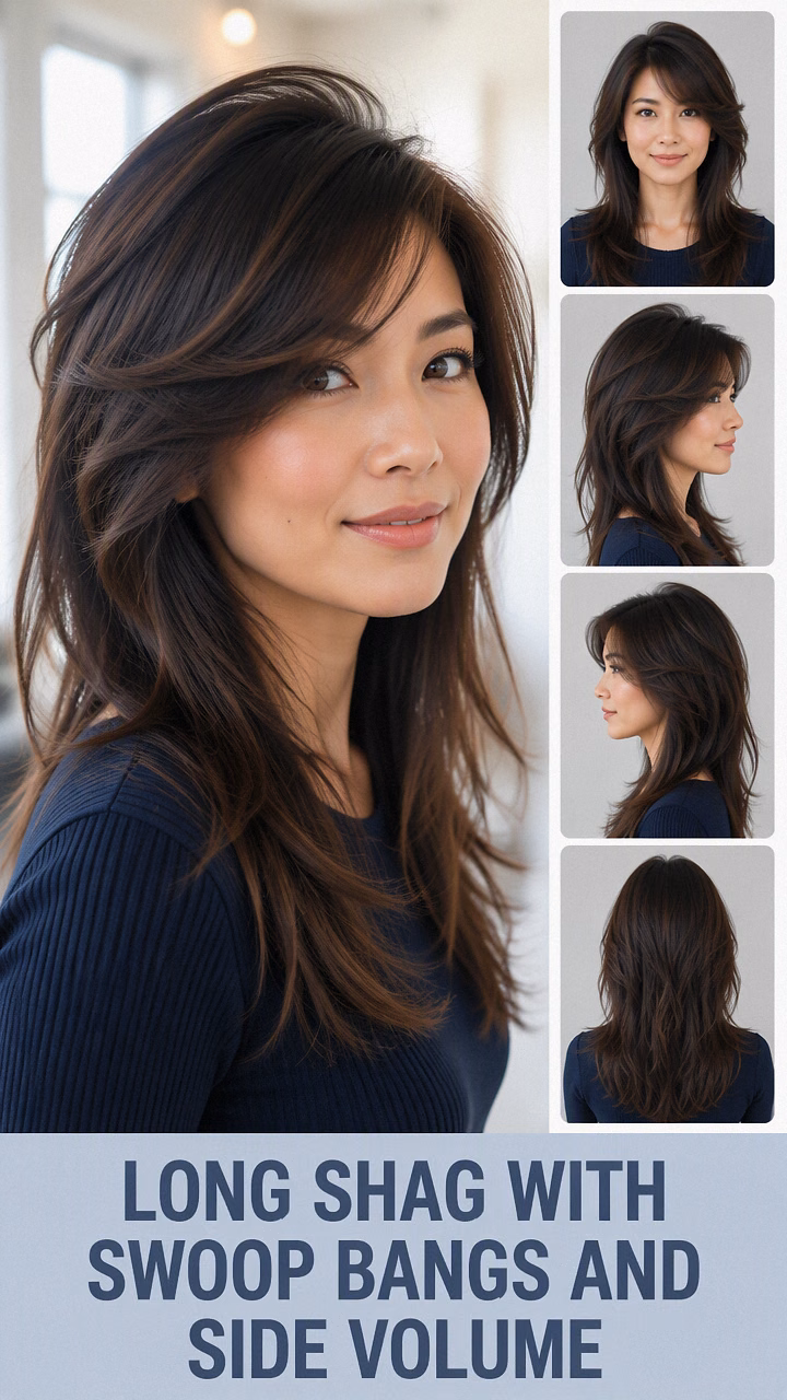 Long Shag With Swoop Bangs And Side Volume