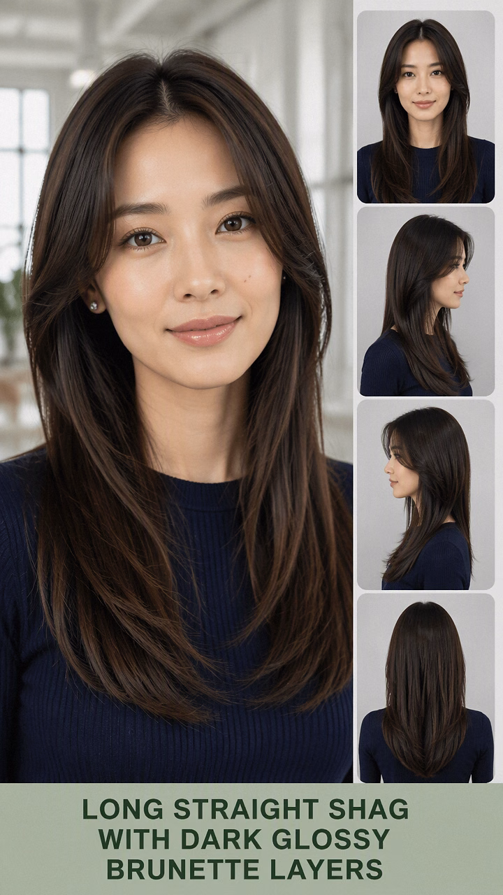 Long Straight Shag With Dark Glossy Brunette Layers