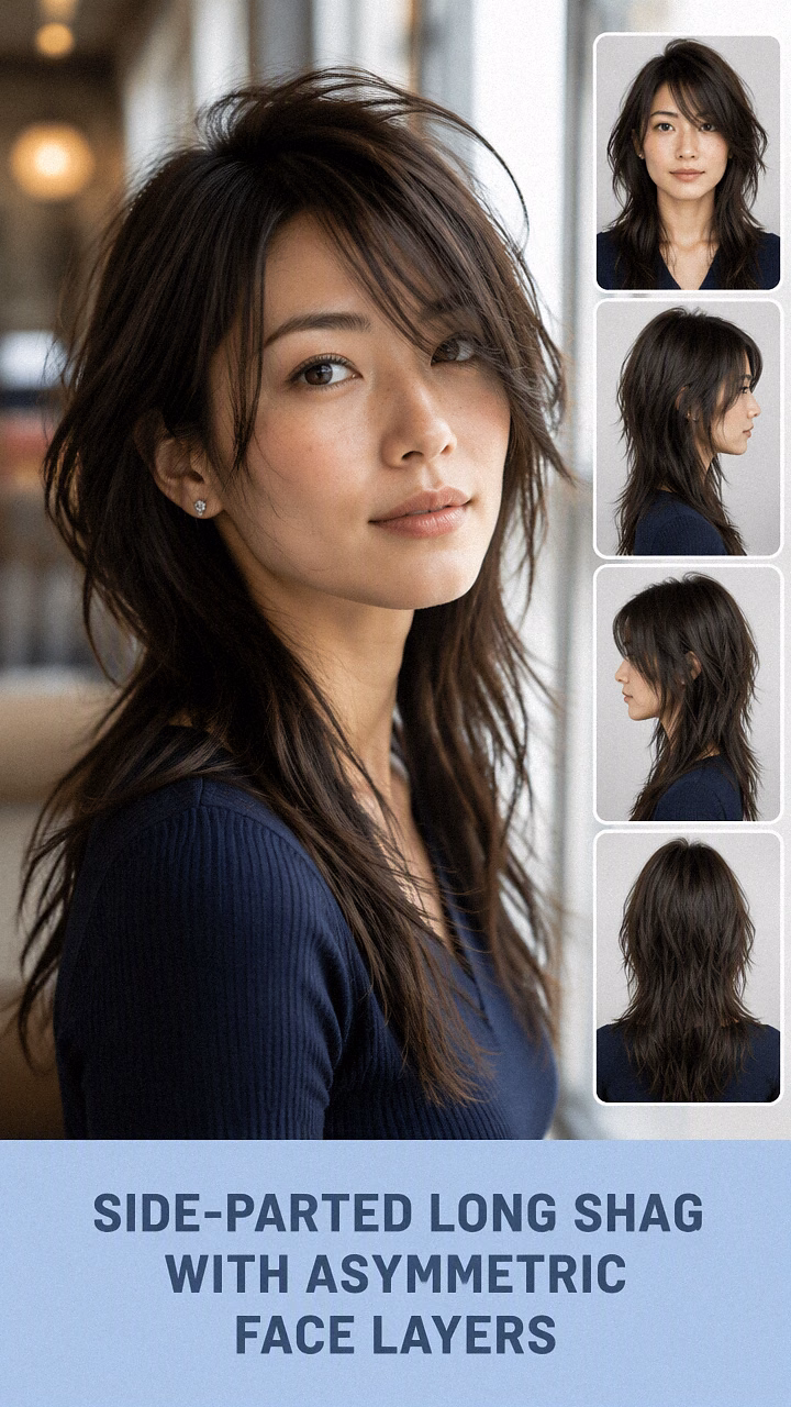Side-Parted Long Shag With Asymmetric Face Layers