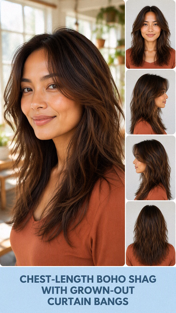 Chest-Length Boho Shag With Grown-Out Curtain Bangs