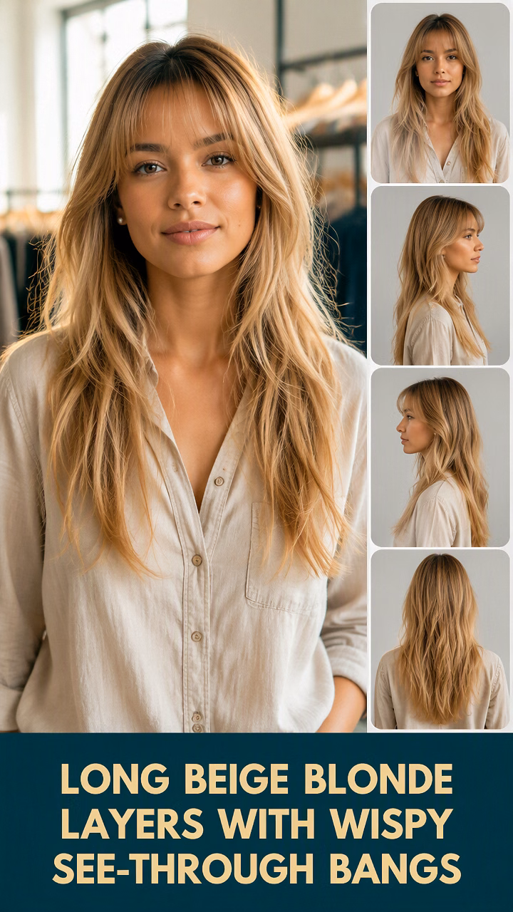 Long Beige Blonde Layers With Wispy See-Through Bangs