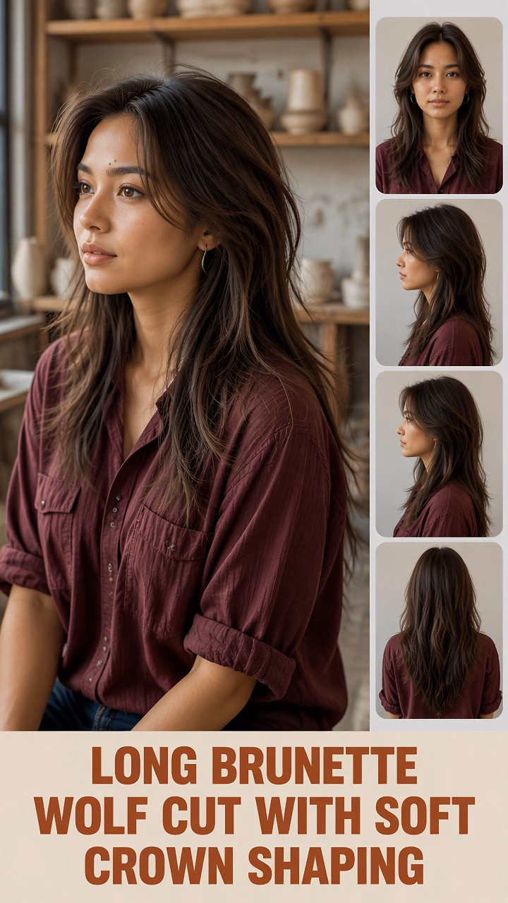 Long Brunette Wolf Cut With Soft Crown Shaping