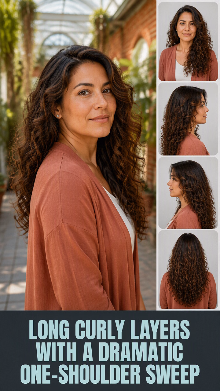 Long Curly Layers With a Dramatic One-Shoulder Sweep