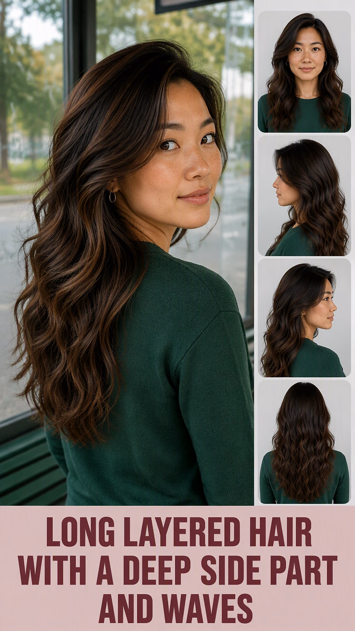 Long Layered Hair With A Deep Side Part And Waves