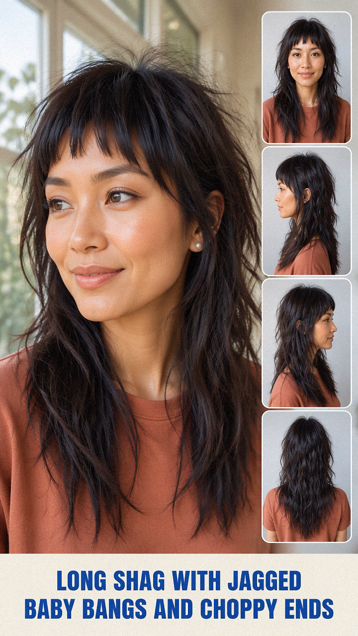 Long Shag With Jagged Baby Bangs And Choppy Ends