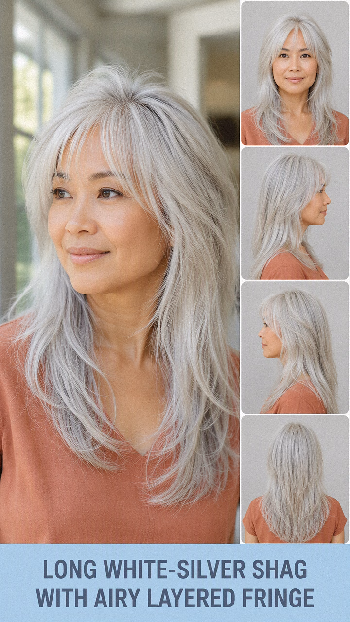Long White-Silver Shag With Airy Layered Fringe