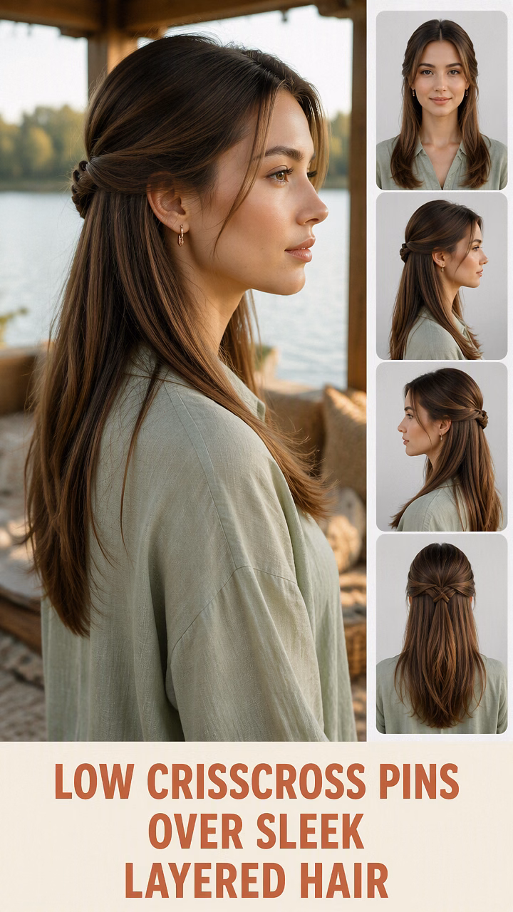 Low Crisscross Pins Over Sleek Layered Hair