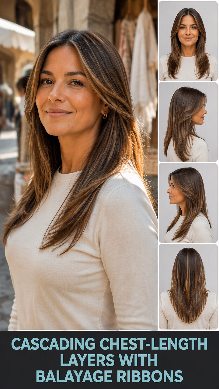 Cascading Chest-Length Layers With Balayage Ribbons