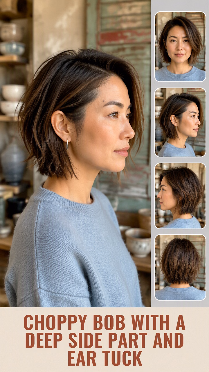 Choppy Bob With A Deep Side Part And Ear Tuck