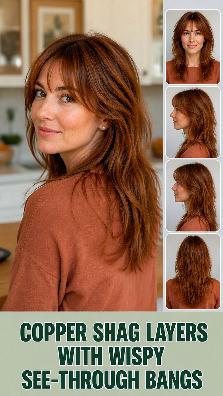 Copper Shag Layers With Wispy See-Through Bangs