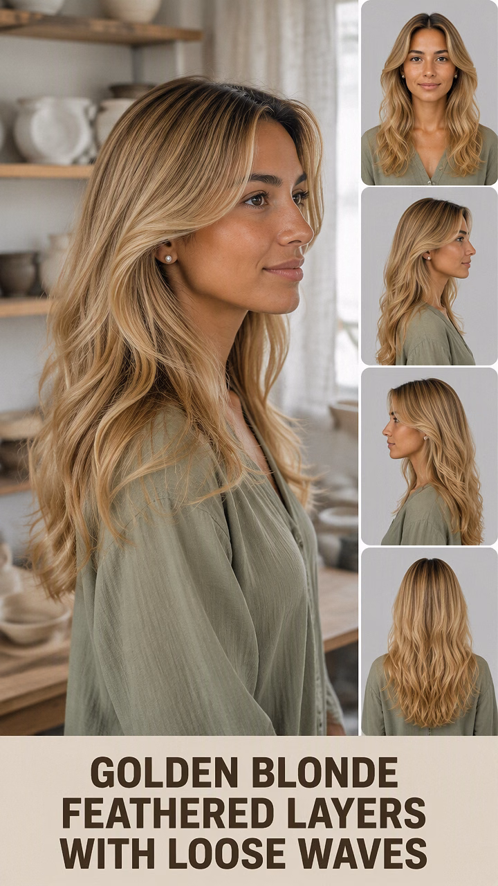 Golden Blonde Feathered Layers With Loose Waves