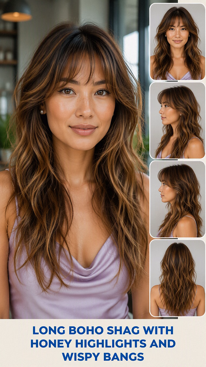Long Boho Shag With Honey Highlights And Wispy Bangs