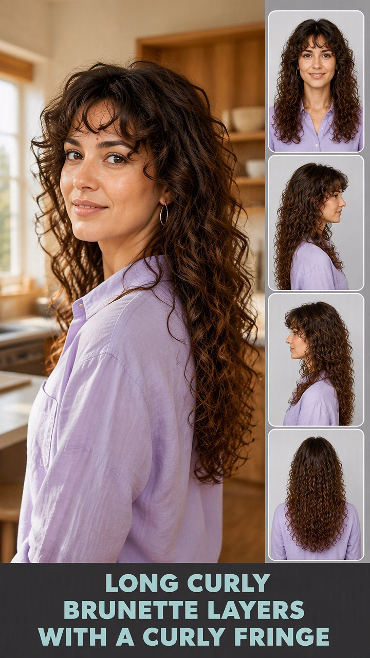 Long Curly Brunette Layers With A Curly Fringe