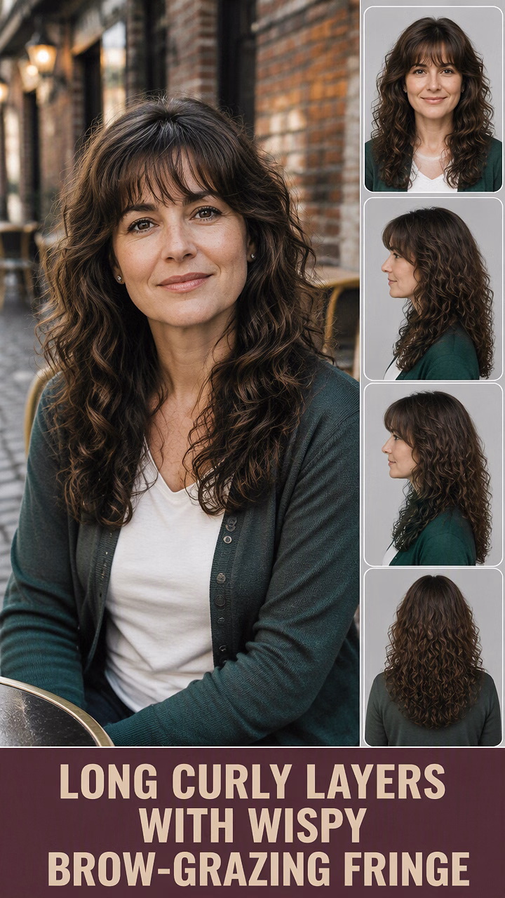 Long Curly Layers With Wispy Brow-Grazing Fringe