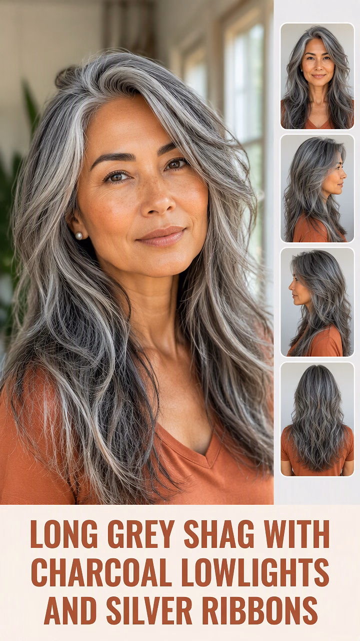 Long Grey Shag With Charcoal Lowlights And Silver Ribbons