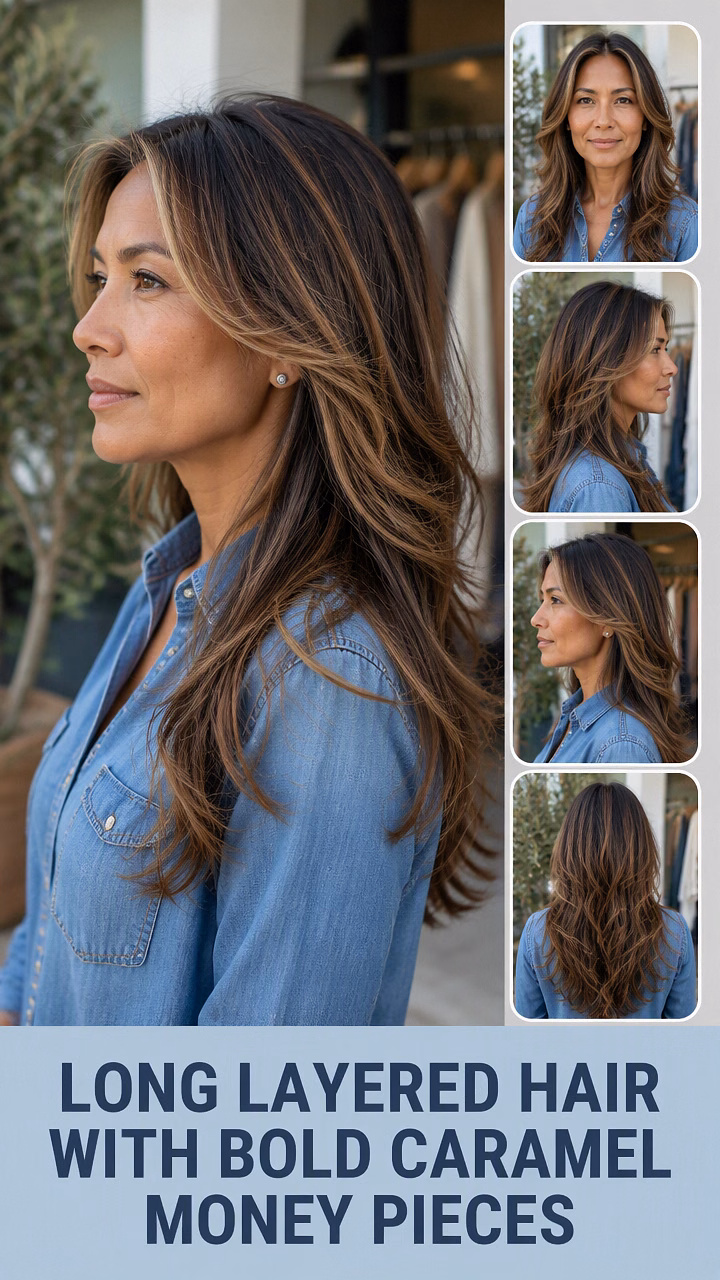 Long Layered Hair With Bold Caramel Money Pieces