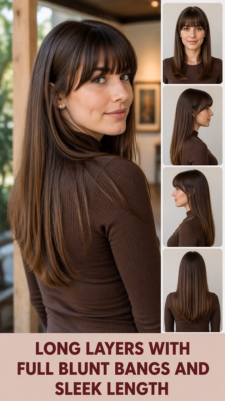 Long Layers With Full Blunt Bangs And Sleek Length