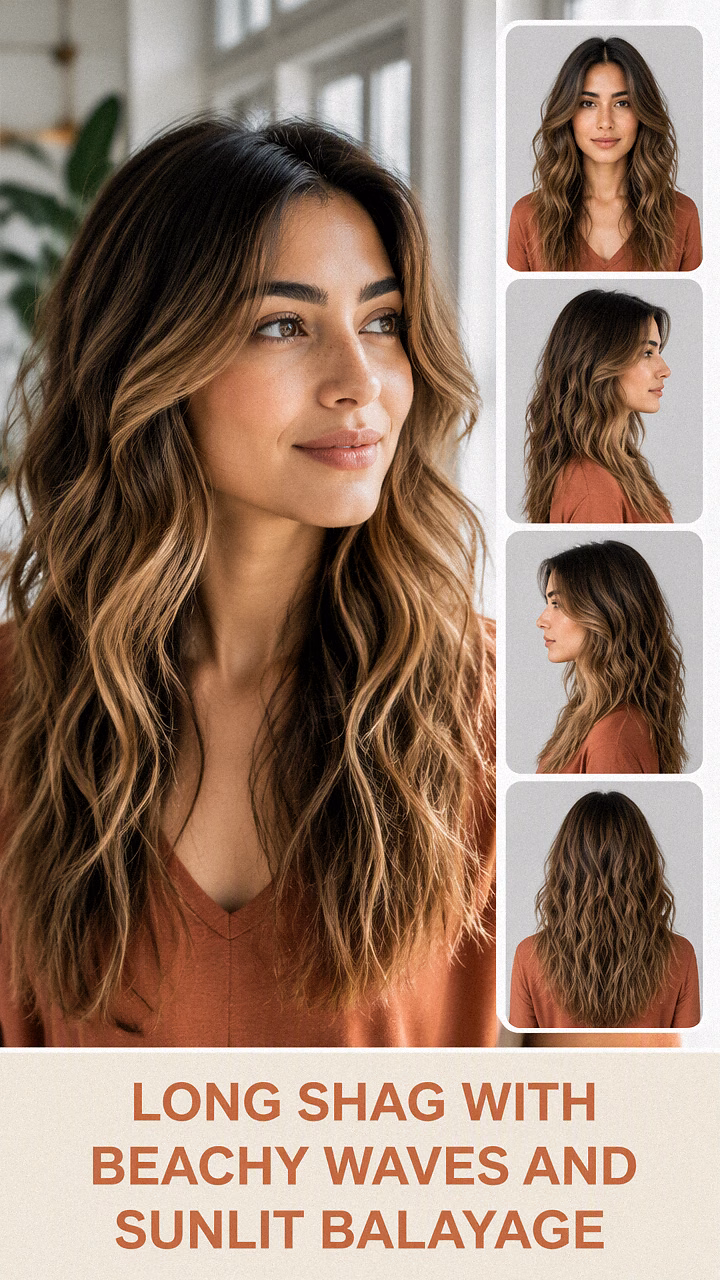 Long Shag With Beachy Waves And Sunlit Balayage