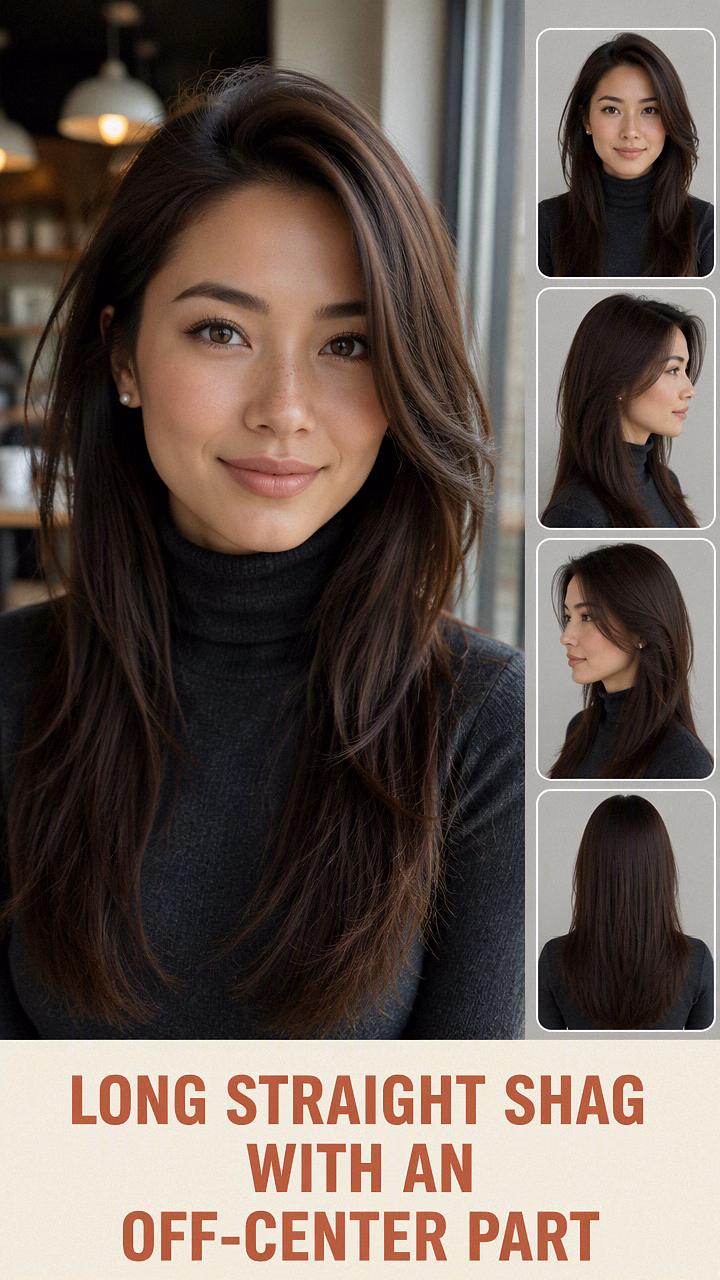Long Straight Shag With An Off-Center Part