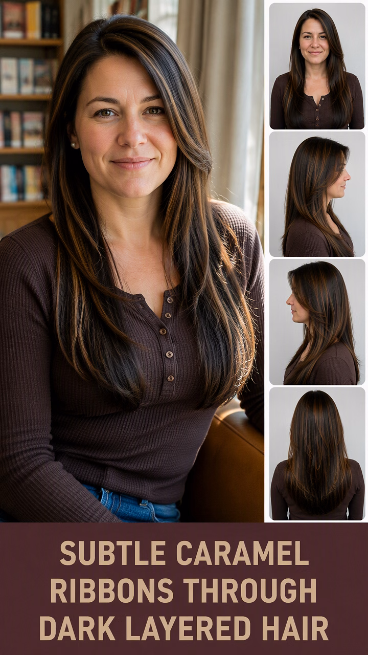 Subtle Caramel Ribbons Through Dark Layered Hair