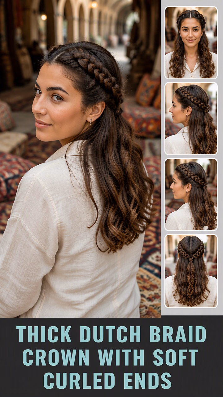 Thick Dutch Braid Crown With Soft Curled Ends
