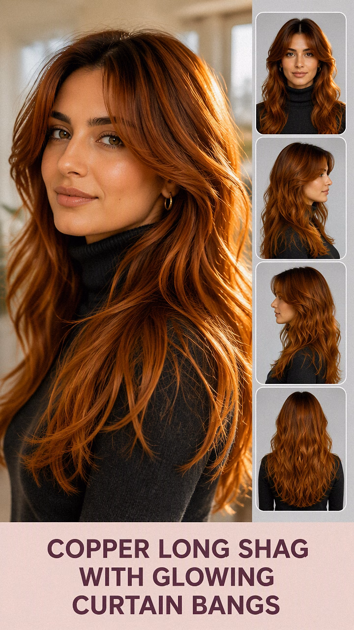 Copper Long Shag With Glowing Curtain Bangs