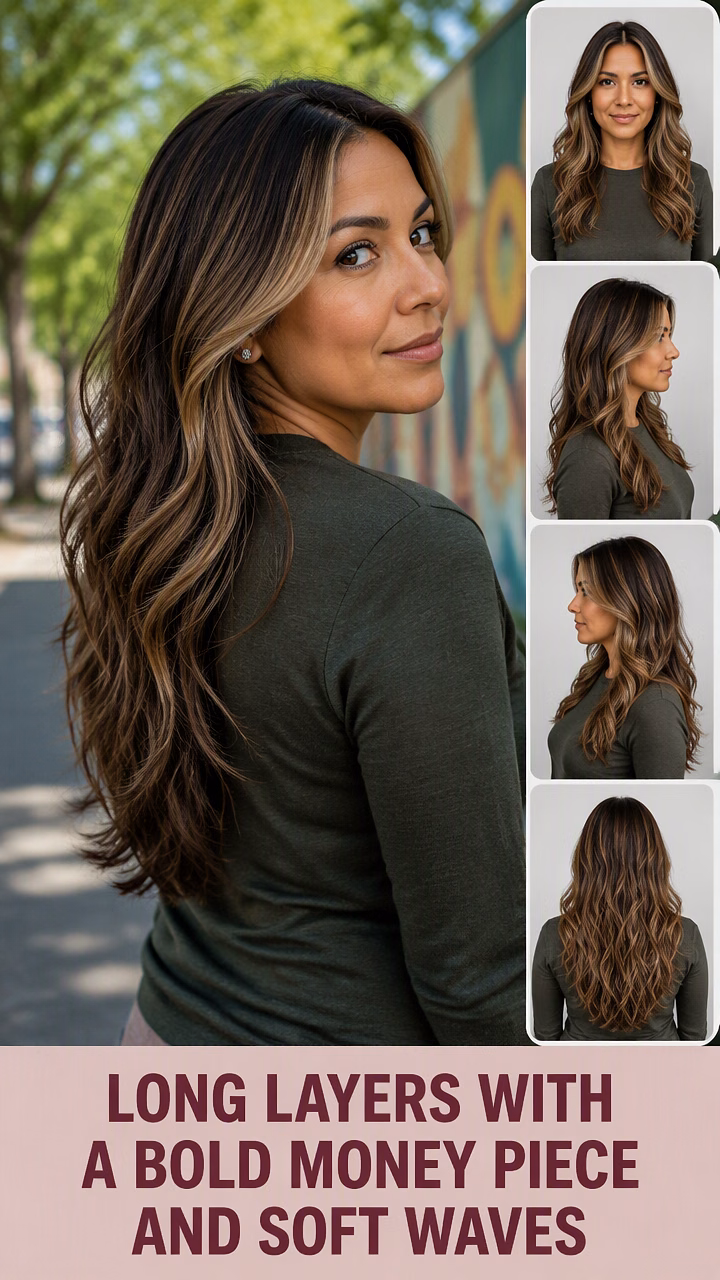 Long Layers With A Bold Money Piece And Soft Waves