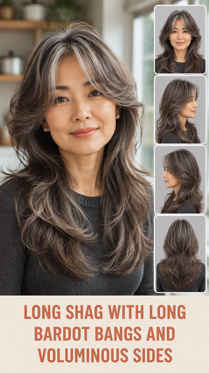 Long Shag With Long Bardot Bangs And Voluminous Sides