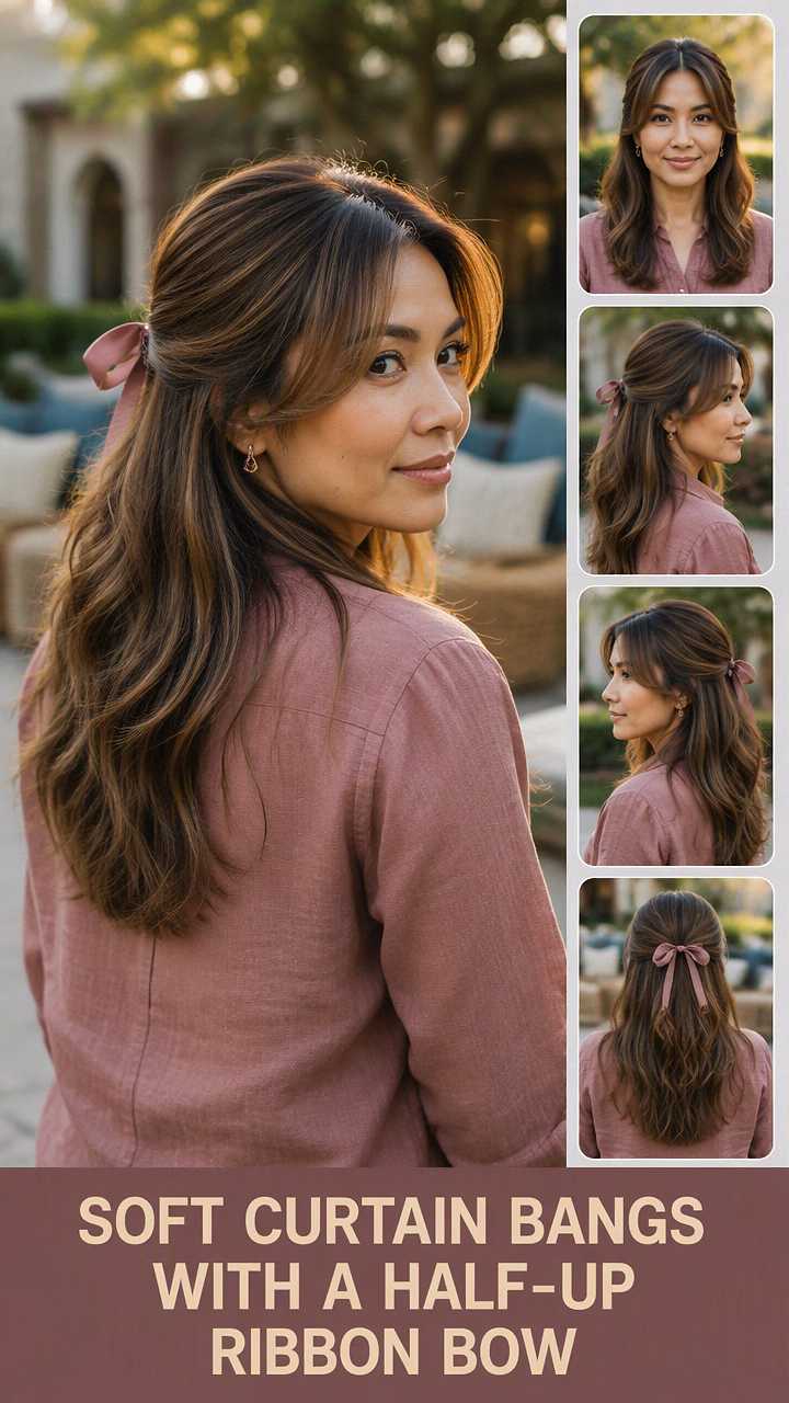 Soft Curtain Bangs With A Half-Up Ribbon Bow