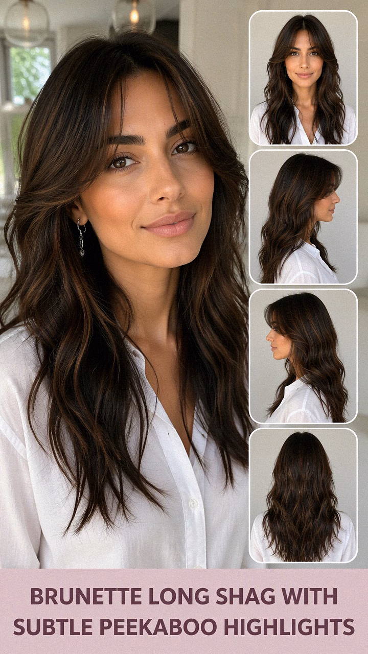 Brunette Long Shag With Subtle Peekaboo Highlights