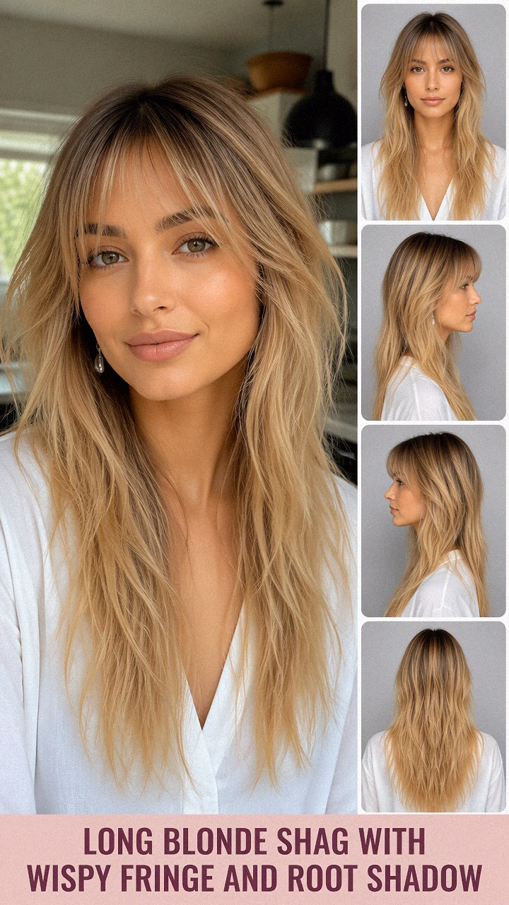 Long Blonde Shag With Wispy Fringe And Root Shadow