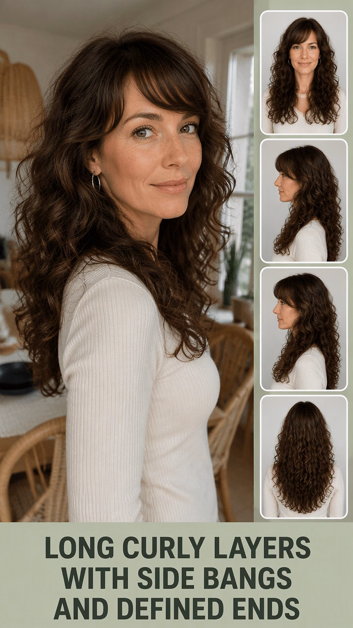 Long Curly Layers With Side Bangs And Defined Ends