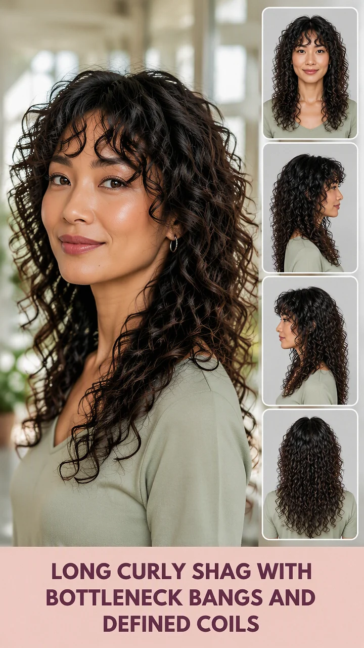 Long Curly Shag With Bottleneck Bangs And Defined Coils