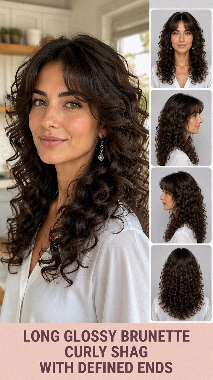 Long Glossy Brunette Curly Shag With Defined Ends