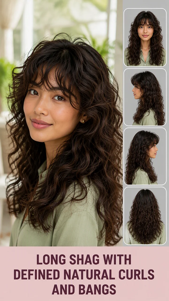 Long Shag With Defined Natural Curls And Bangs