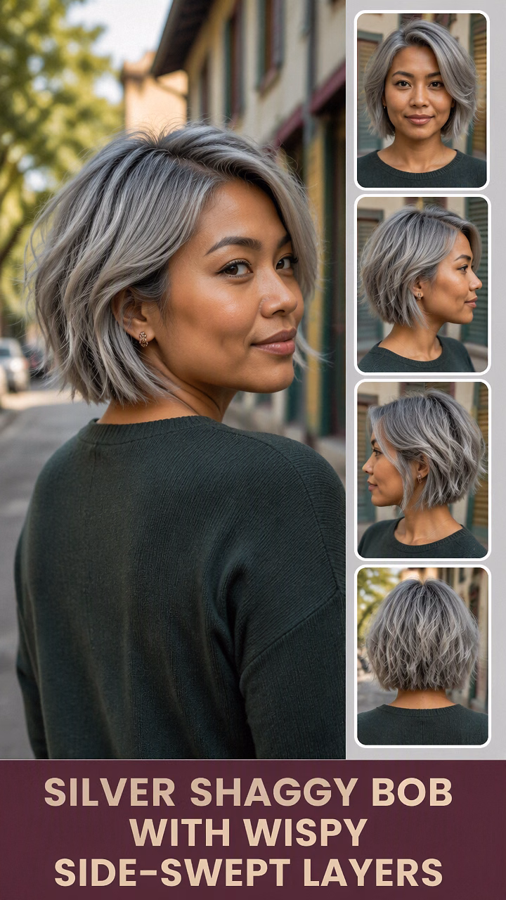 Silver Shaggy Bob With Wispy Side-Swept Layers