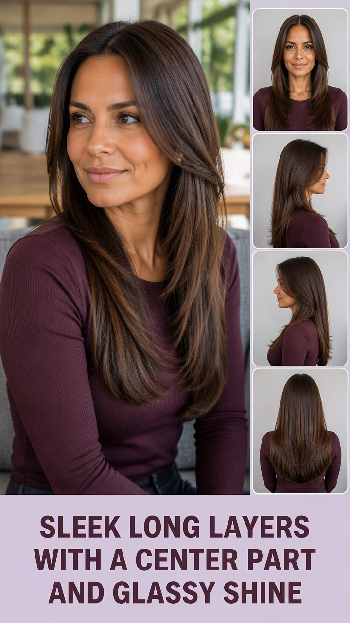 Sleek Long Layers With A Center Part And Glassy Shine