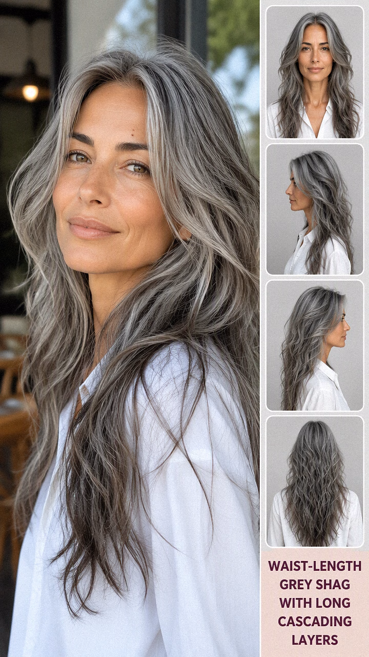 Waist-Length Grey Shag With Long Cascading Layers