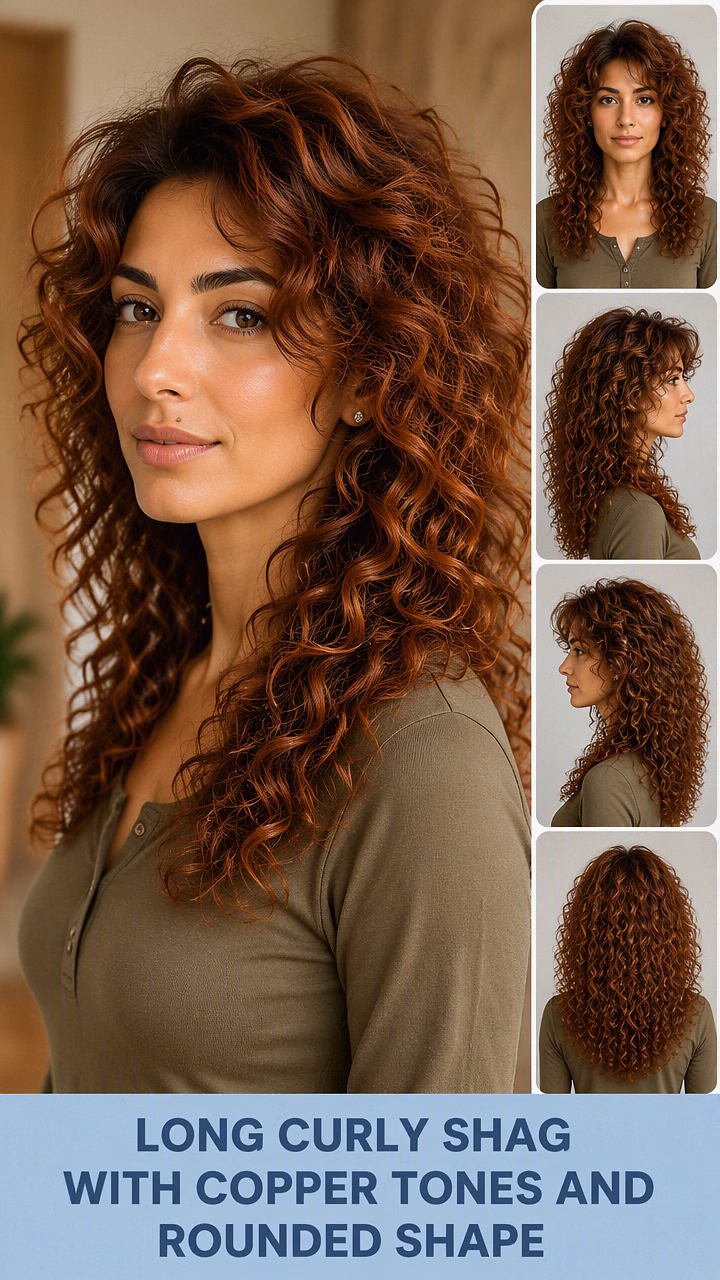 Long Curly Shag With Copper Tones And Rounded Shape