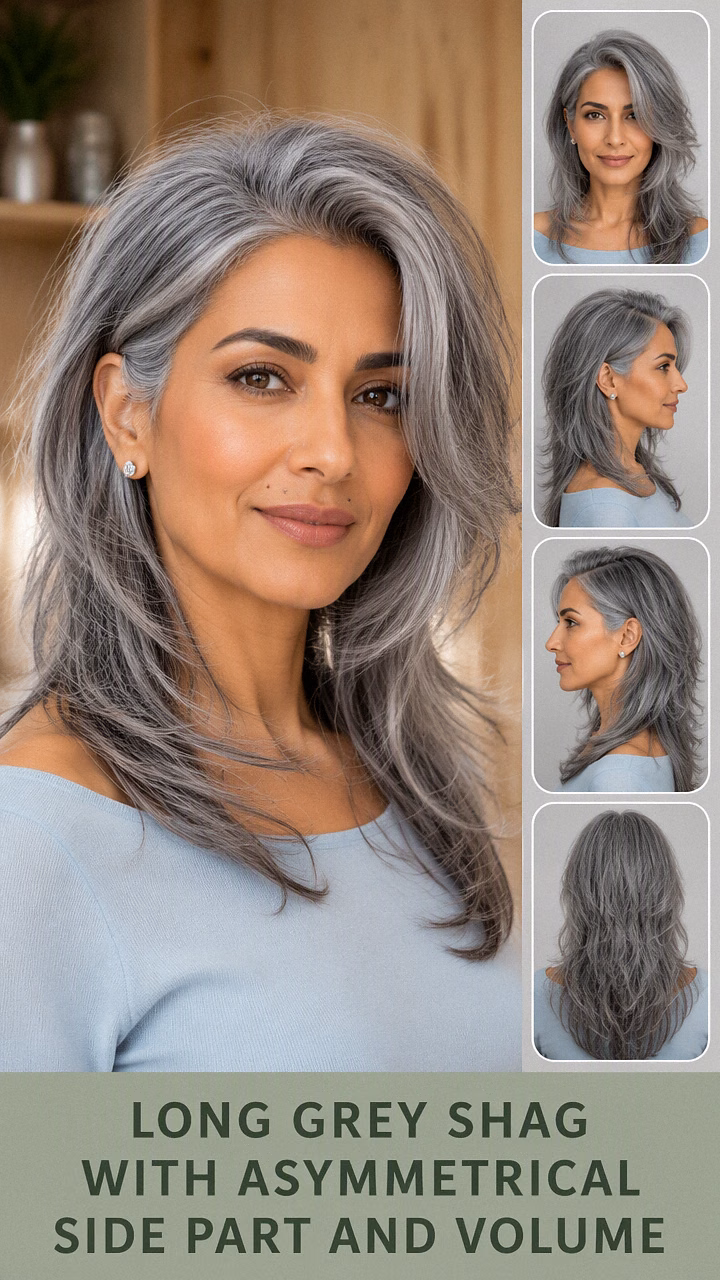 Long Grey Shag With Asymmetrical Side Part And Volume