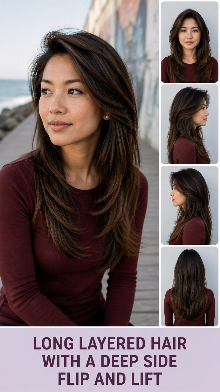 Long Layered Hair With A Deep Side Flip And Lift