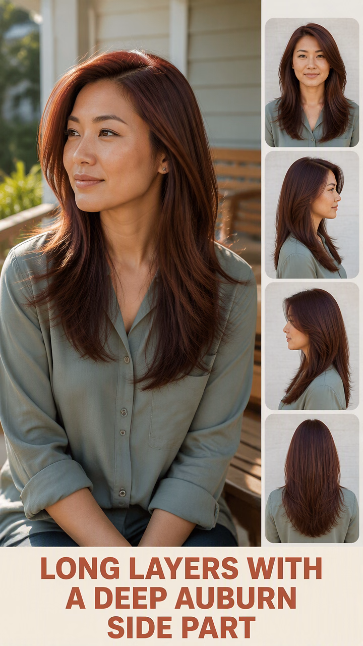 Long Layers With A Deep Auburn Side Part