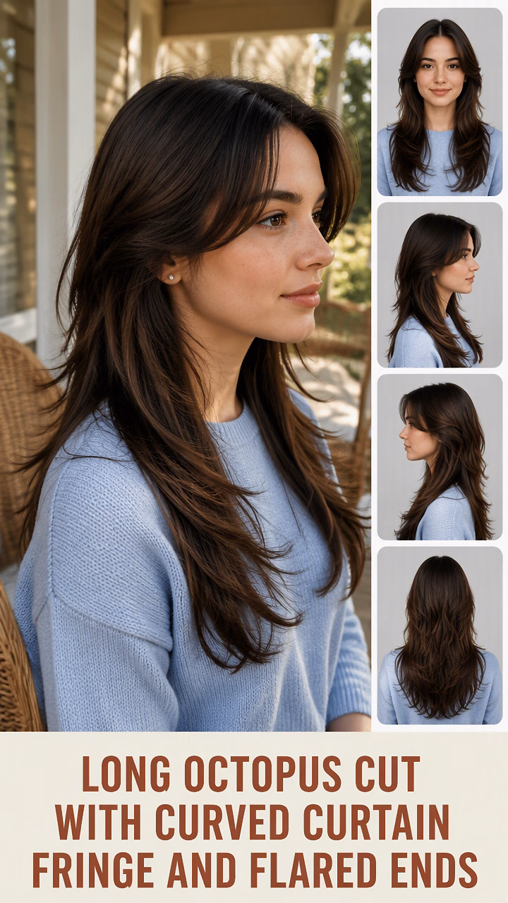 Long Octopus Cut With Curved Curtain Fringe And Flared Ends