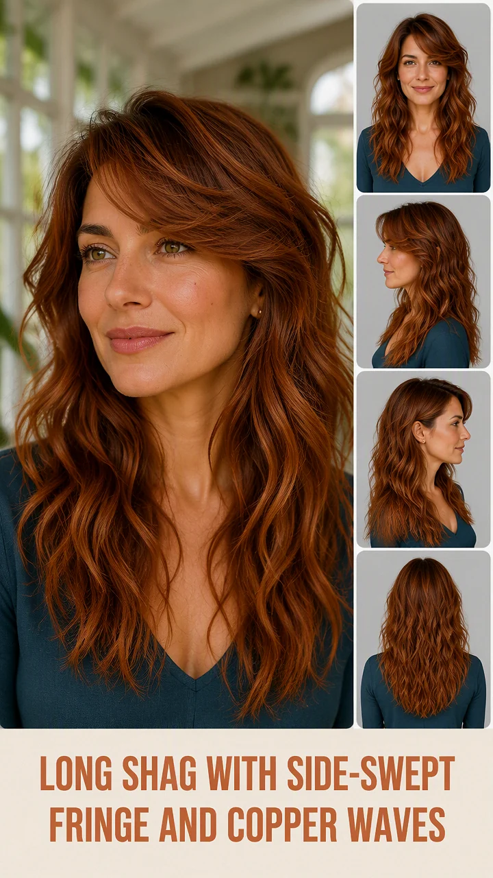 Long Shag With Side-Swept Fringe And Copper Waves
