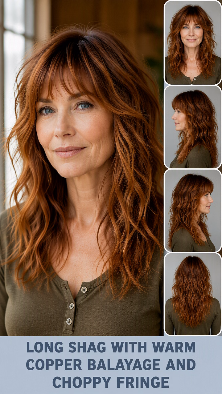 Long Shag With Warm Copper Balayage And Choppy Fringe