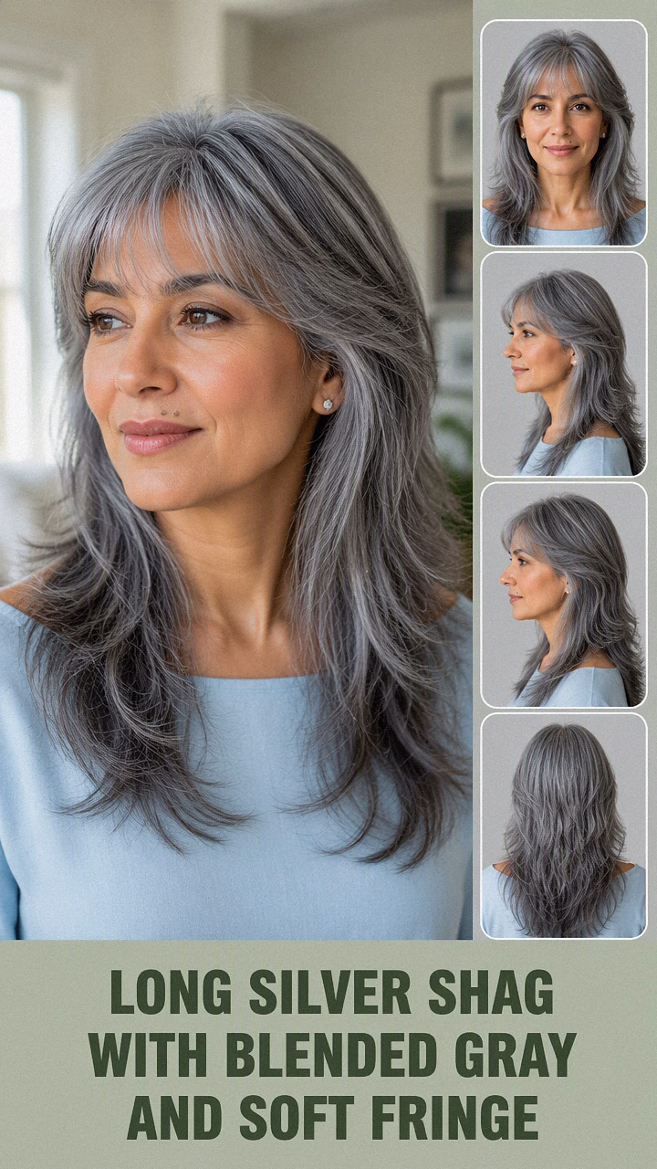 Long Silver Shag With Blended Gray And Soft Fringe