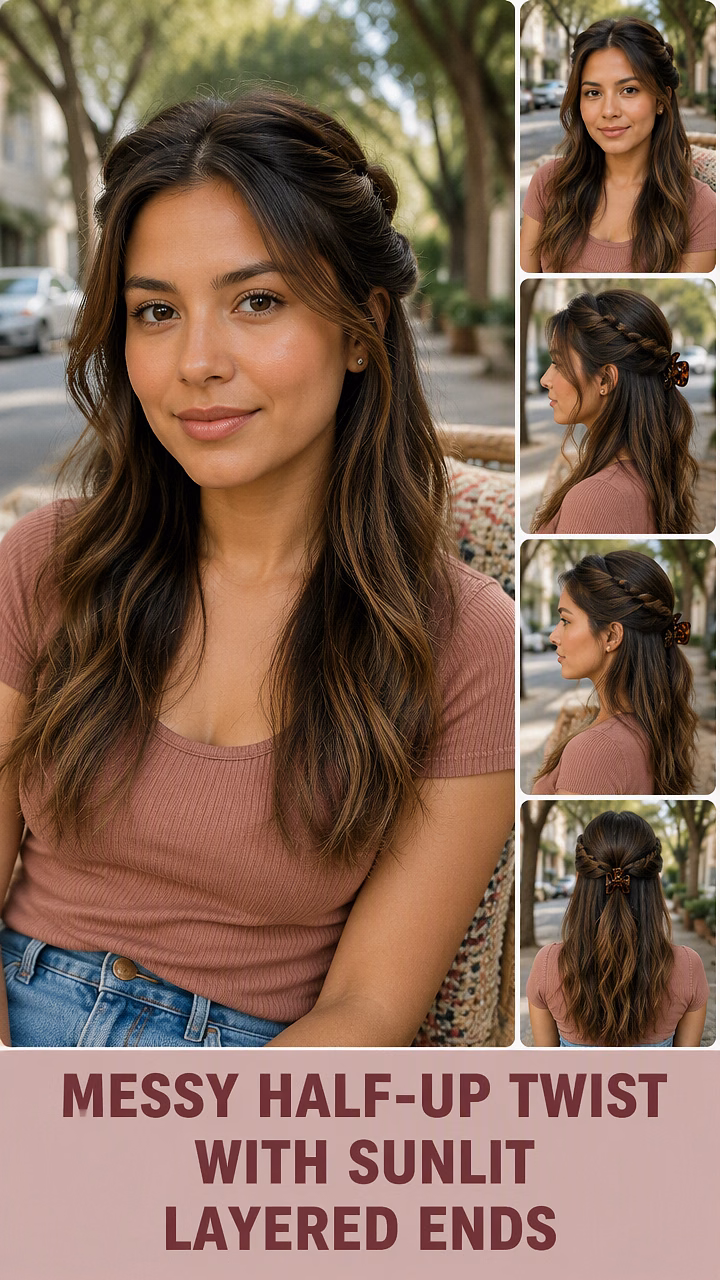 Messy Half-Up Twist With Sunlit Layered Ends