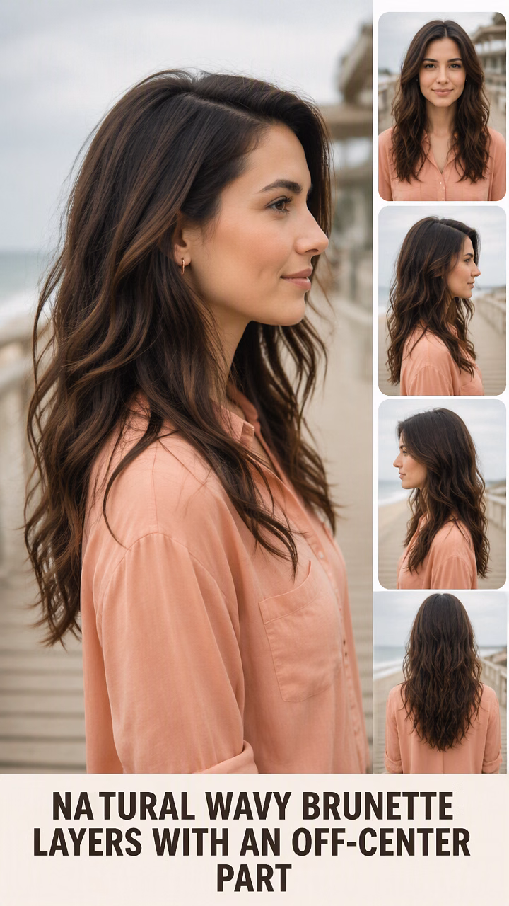 Natural Wavy Brunette Layers With An Off-Center Part