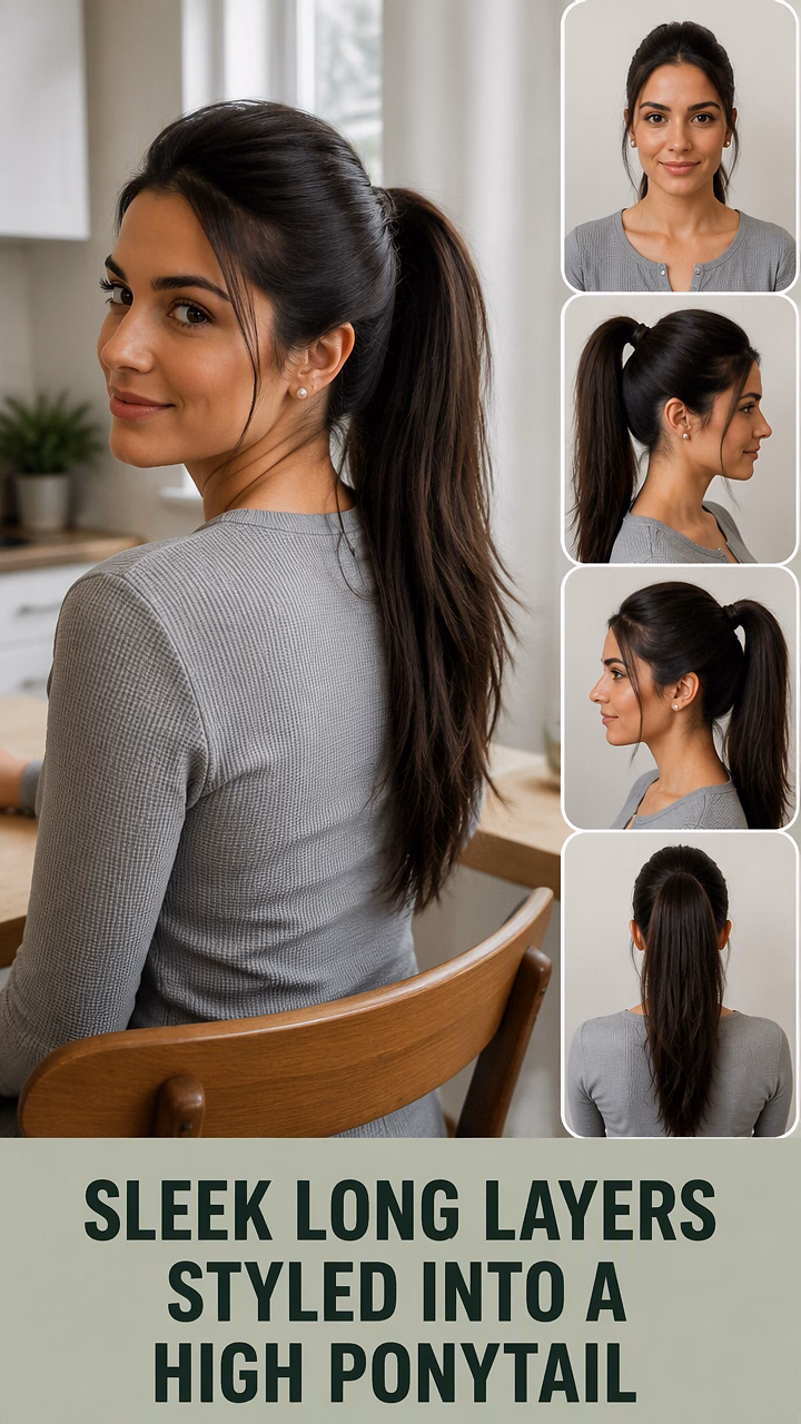 Sleek Long Layers Styled Into A High Ponytail